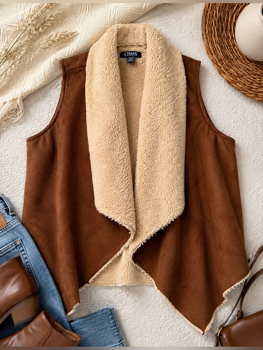 CHAPS Brown Faux Suede Sherpa Lined Waterfall Vest XL